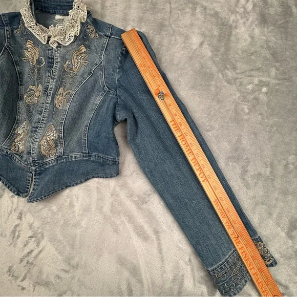Vintage 90s Y2k Denim Jacket Womens Sz 12 Lace Fairy Whimsygoth Embroidered - Picture 11 of 13